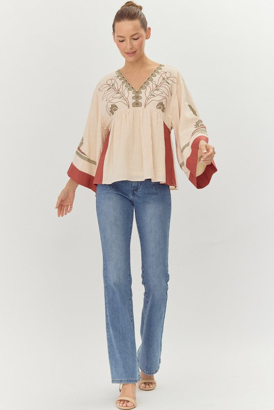 EMBROIDERED BELL SLEEVE TOP