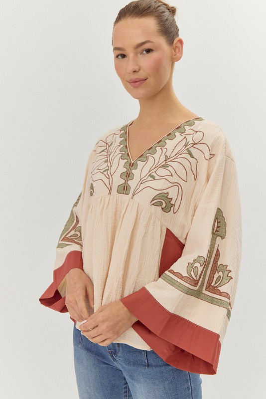 EMBROIDERED BELL SLEEVE TOP