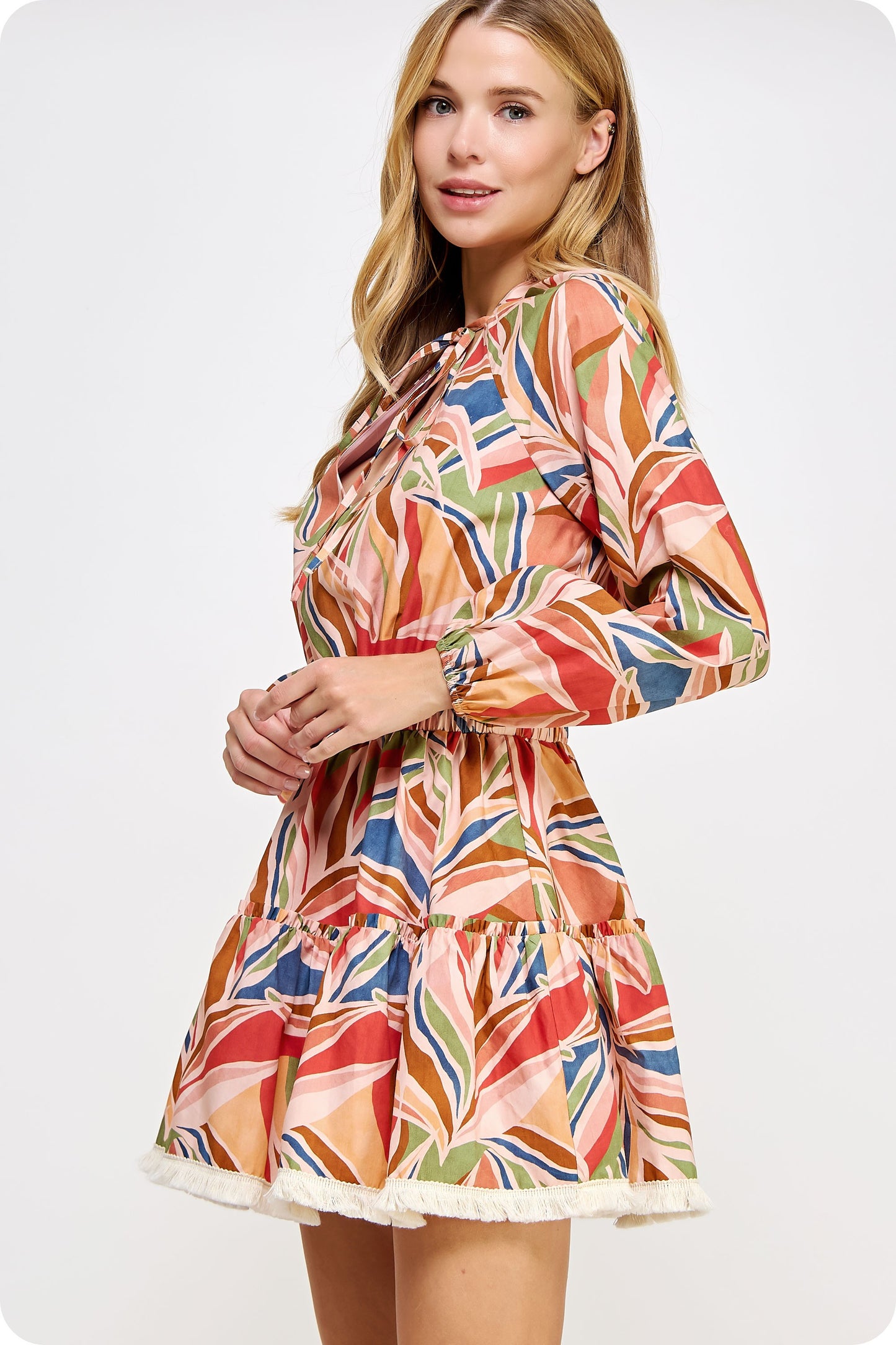 FRINGE TRIM PRINTED MINI DRESS