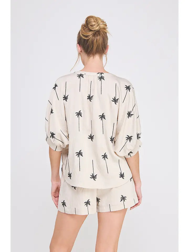 EMBROIDERED PALM TREE DOLMAN TOP