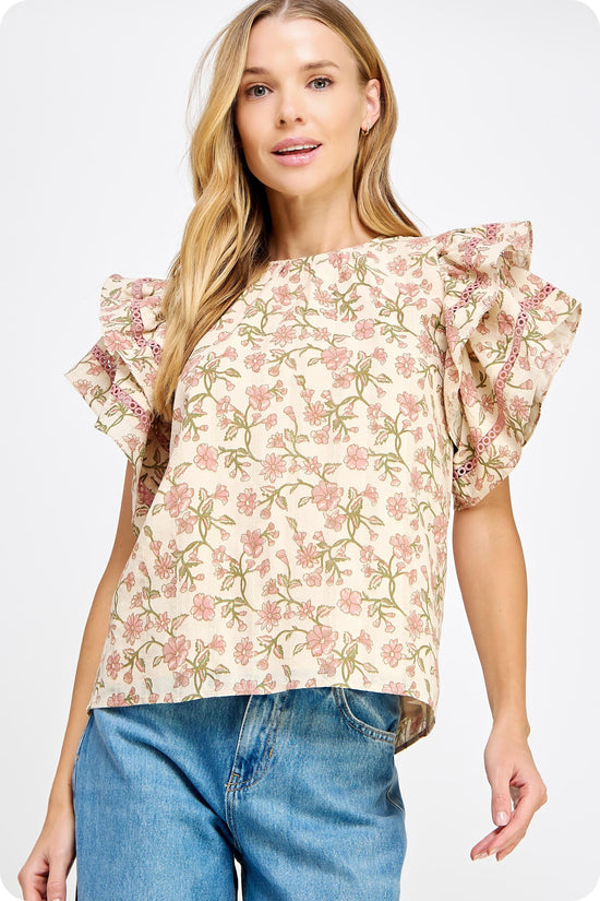 FLORAL PRINTED DOUBLE RUFFLE SLEEVE TOP