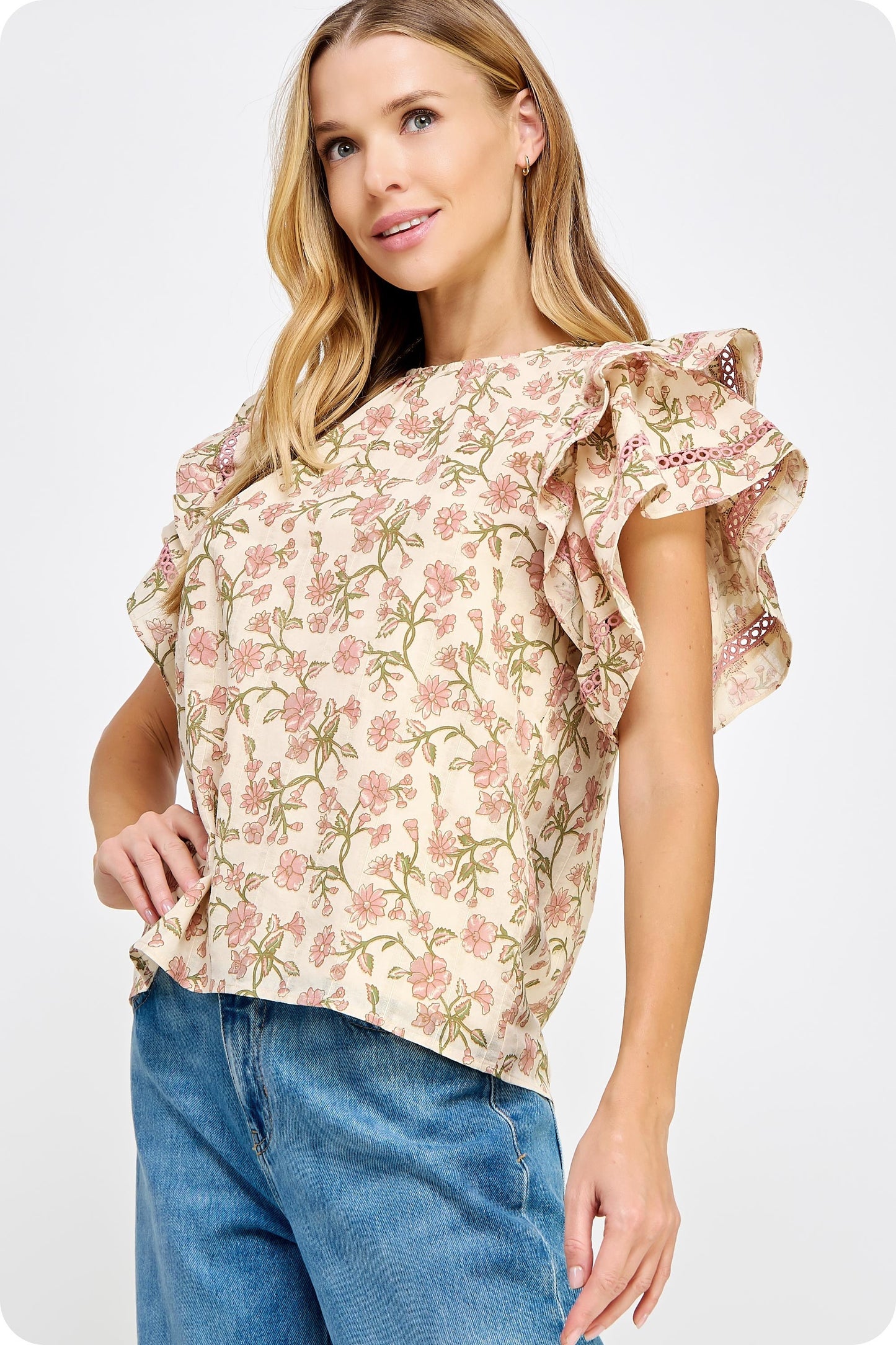 FLORAL PRINTED DOUBLE RUFFLE SLEEVE TOP