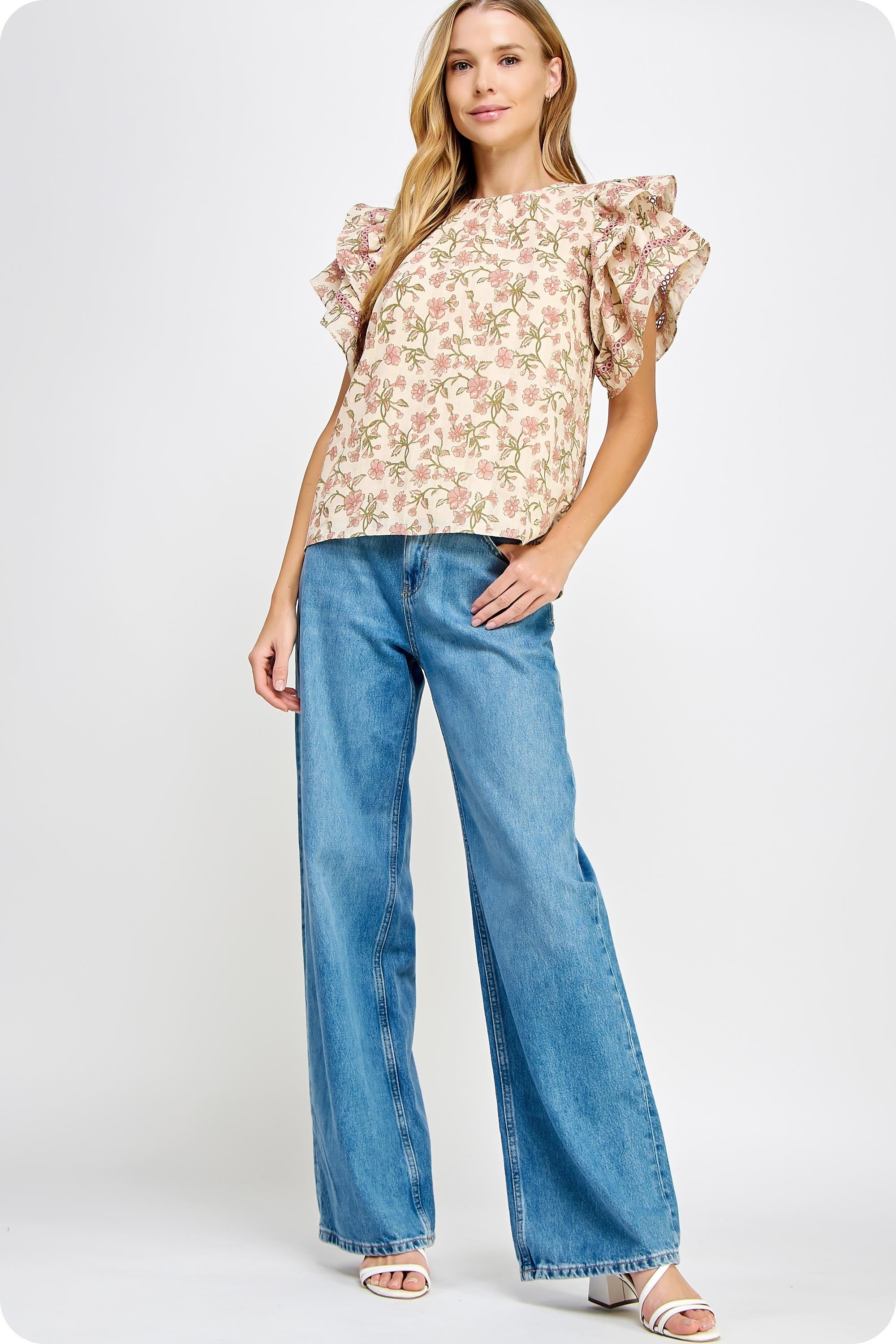 FLORAL PRINTED DOUBLE RUFFLE SLEEVE TOP