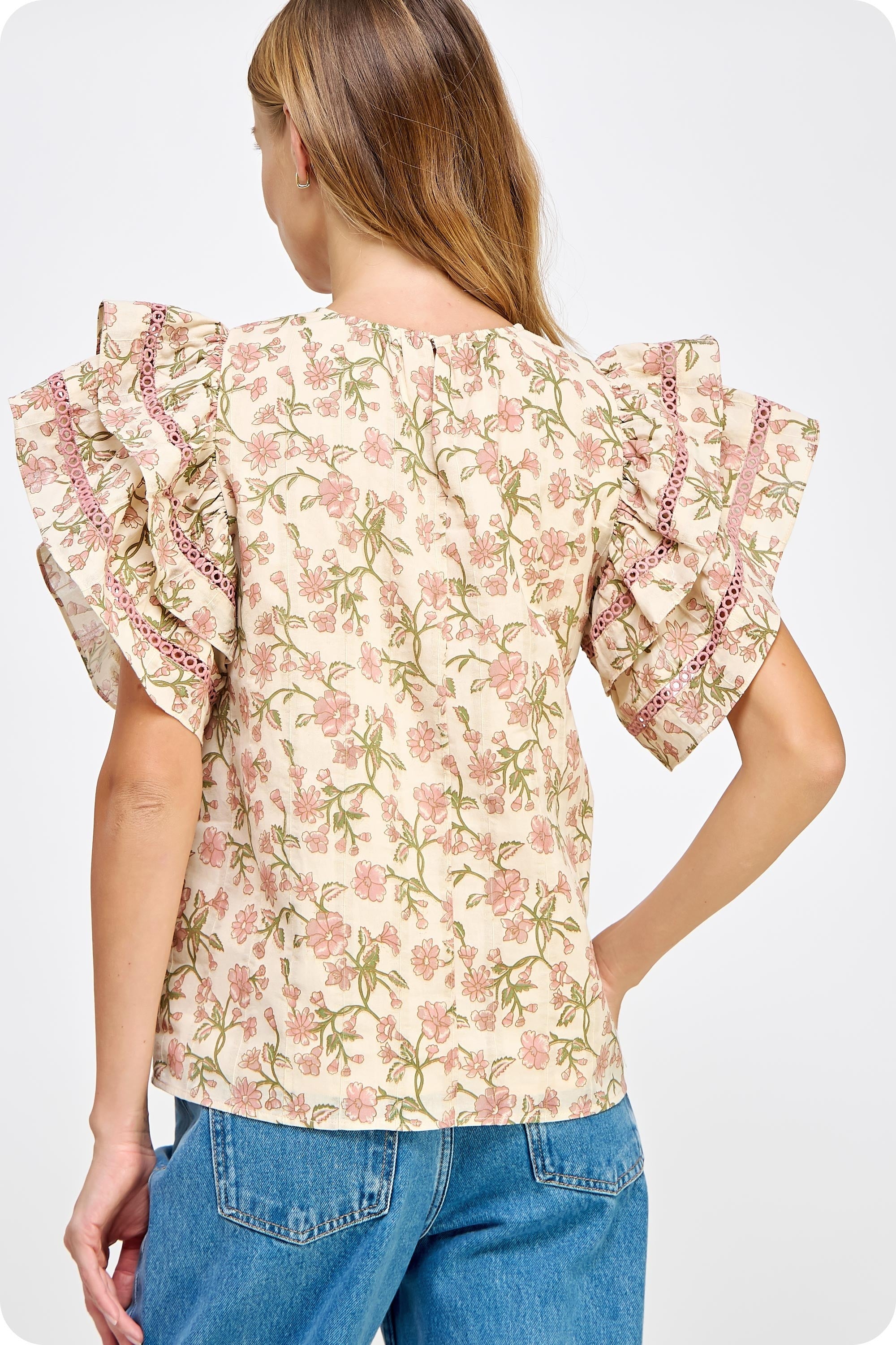 FLORAL PRINTED DOUBLE RUFFLE SLEEVE TOP