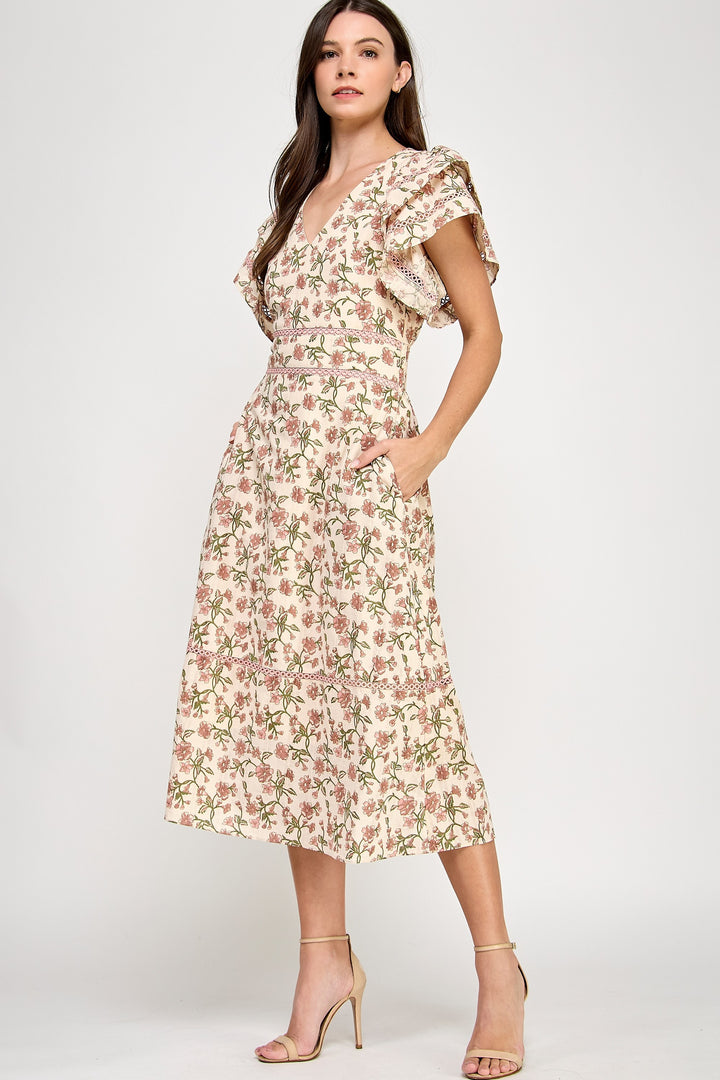 FLORAL LACE TRIM MIDI DRESS