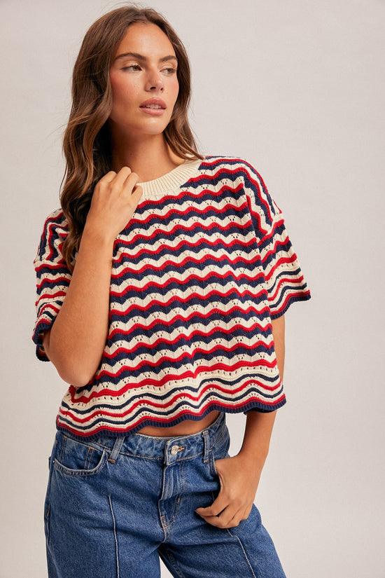 STRIPED SHORT SLEEVE OPEN KNIT TOP