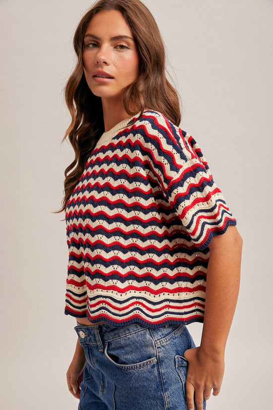 STRIPED SHORT SLEEVE OPEN KNIT TOP