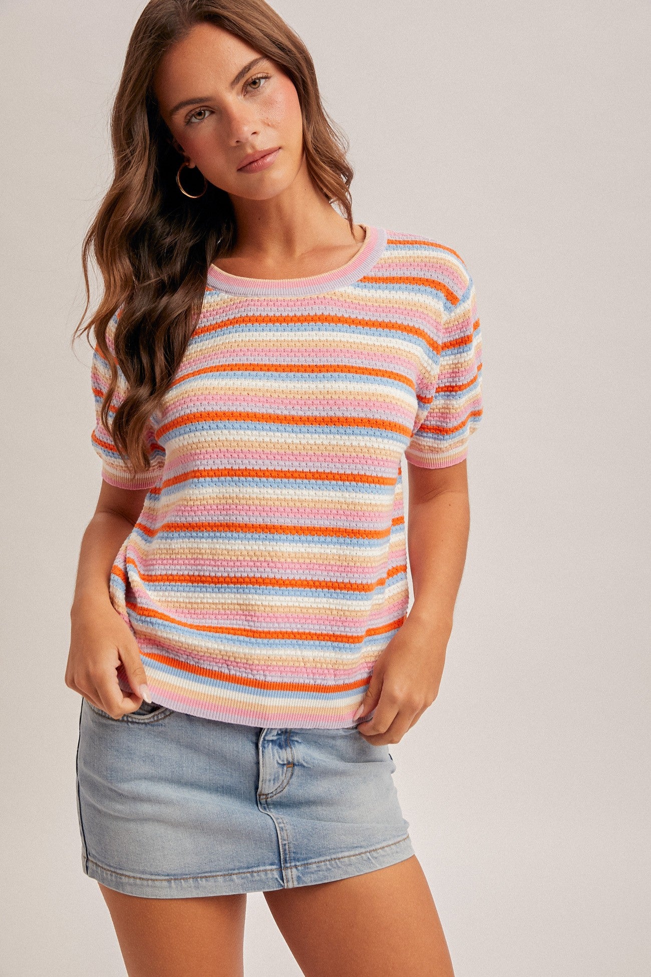 STRIPED POINTELLE KNIT TOP