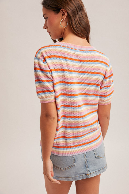 STRIPED POINTELLE KNIT TOP