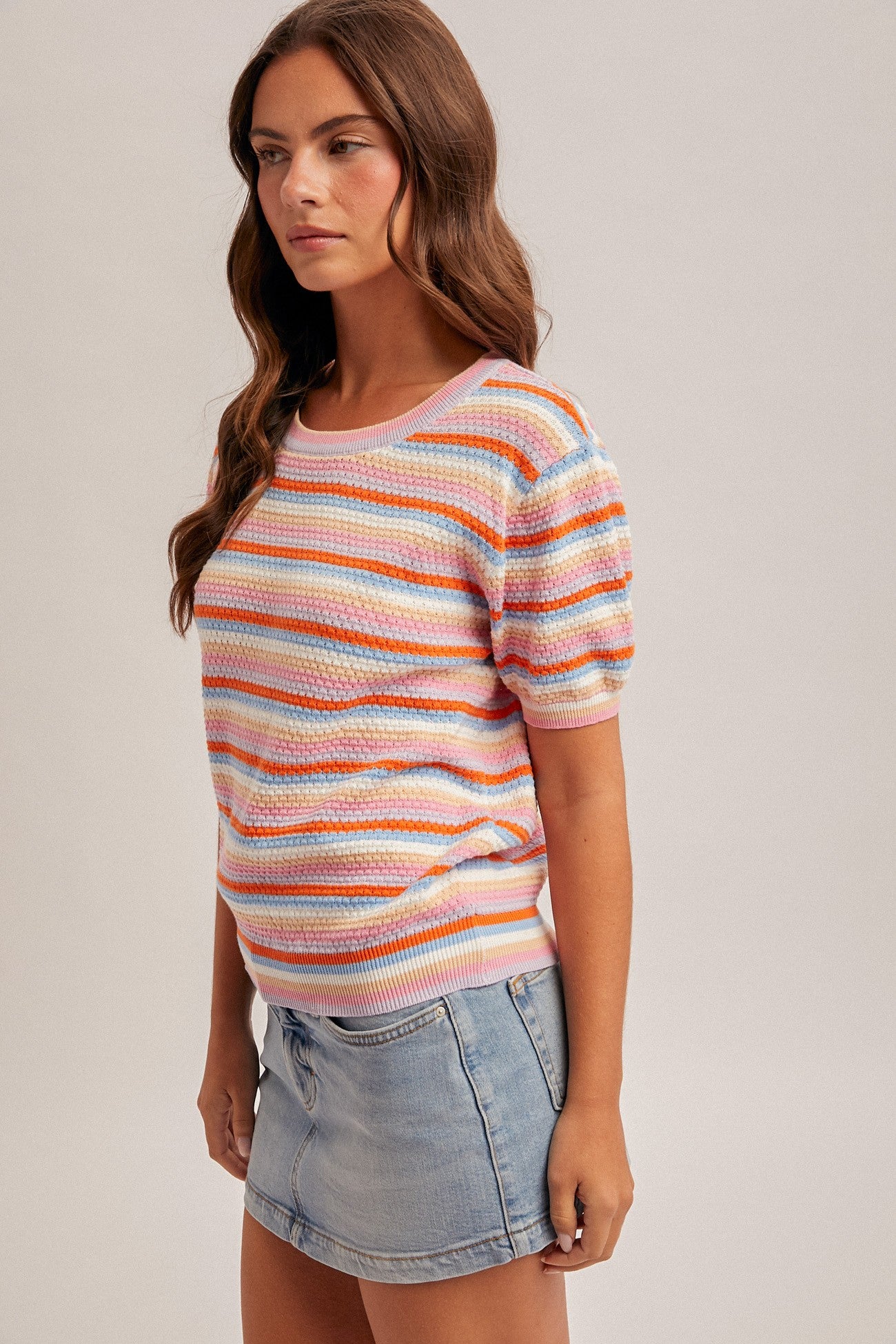 STRIPED POINTELLE KNIT TOP