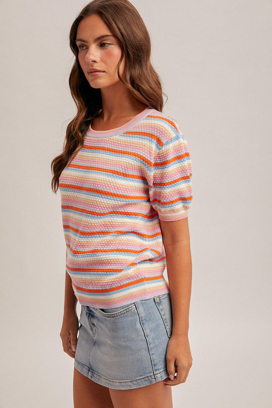 STRIPED POINTELLE KNIT TOP