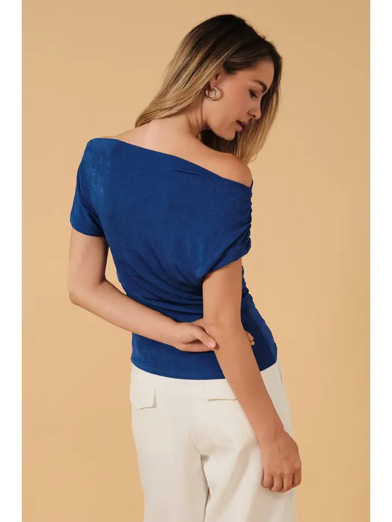 Dark blue one-shoulder asymmetric draped top - detail view