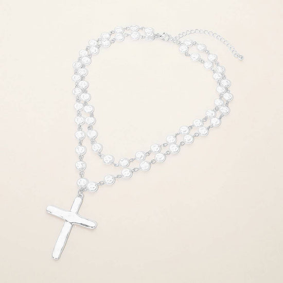 Cross & Pearl Disc Beads Chain Layered Necklace