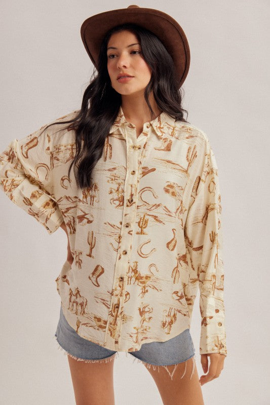 Ecru cowboy-print long-sleeve top front view