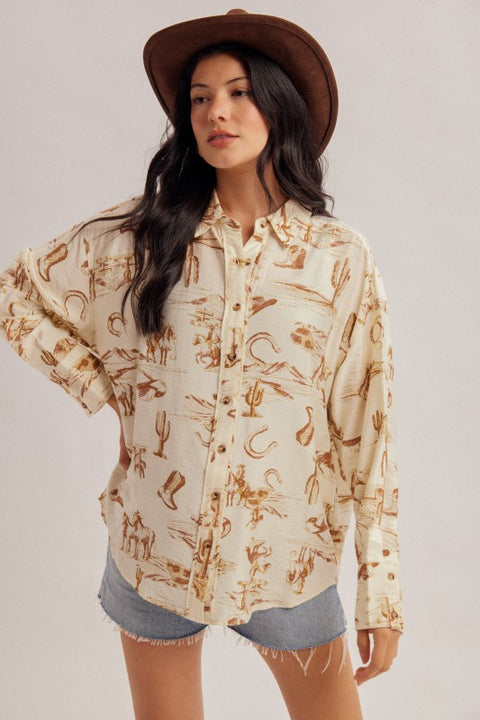 Ecru cowboy-print long-sleeve top front view