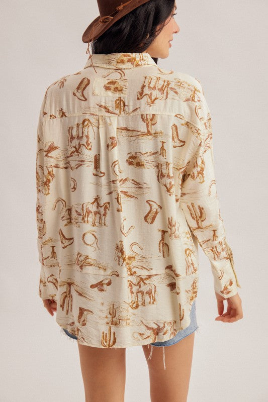 Ecru cowboy-print long-sleeve top alternate view