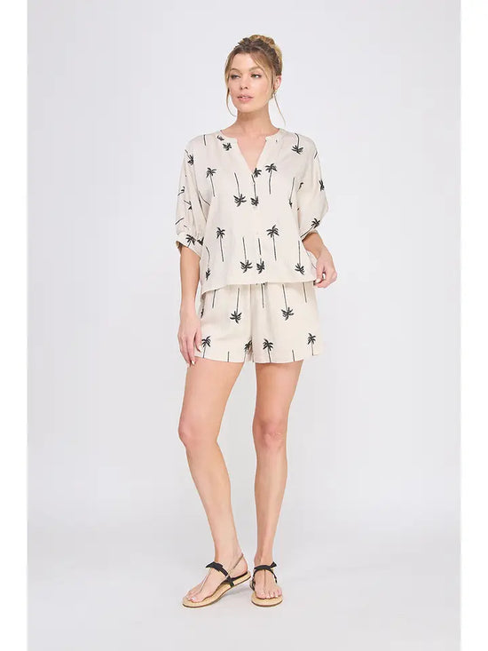 EMBROIDERED PALM TREE DOLMAN TOP