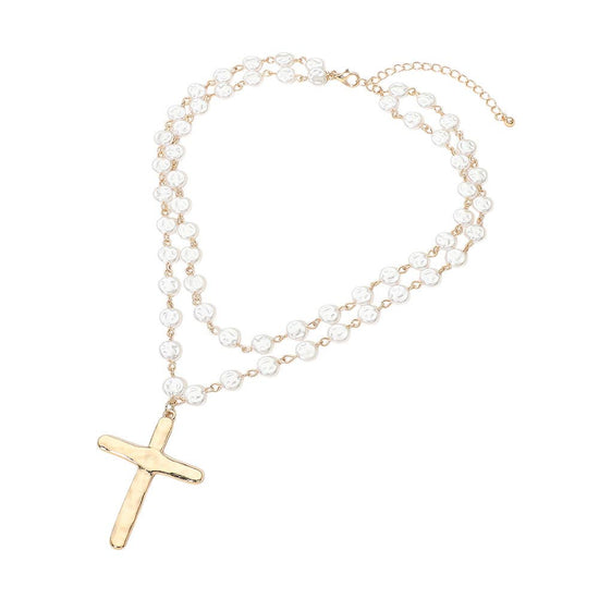 Cross & Pearl Disc Beads Chain Layered Necklace