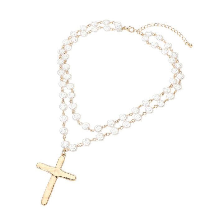 Cross & Pearl Disc Beads Chain Layered Necklace