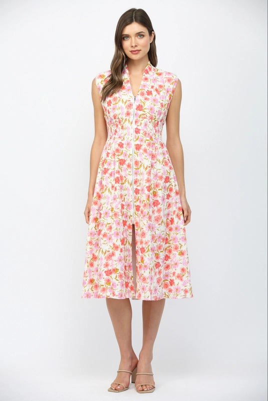 FLORAL ZIP FRONT MIDI DRESS