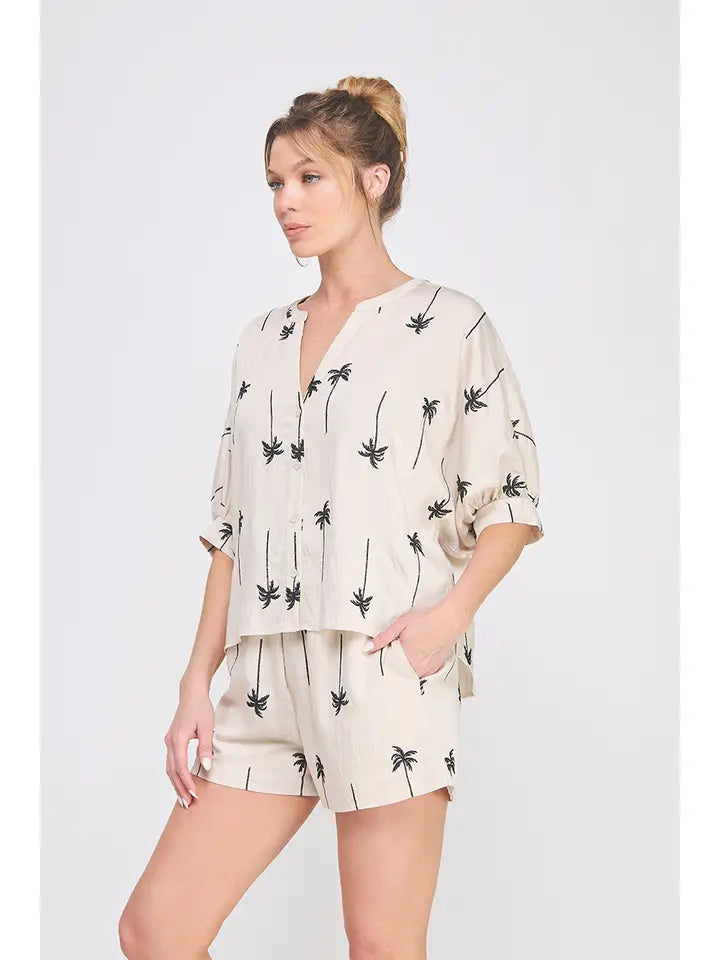 EMBROIDERED PALM TREE DOLMAN TOP