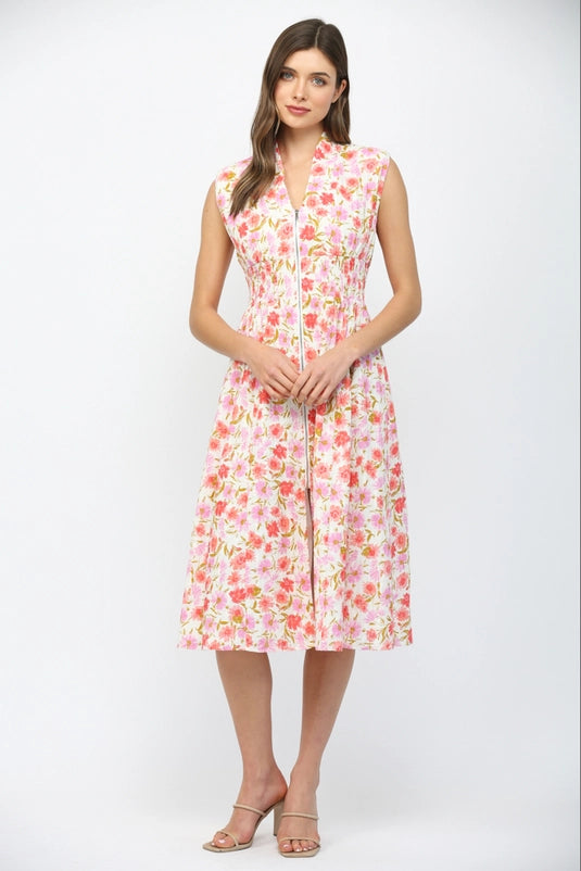 FLORAL ZIP FRONT MIDI DRESS