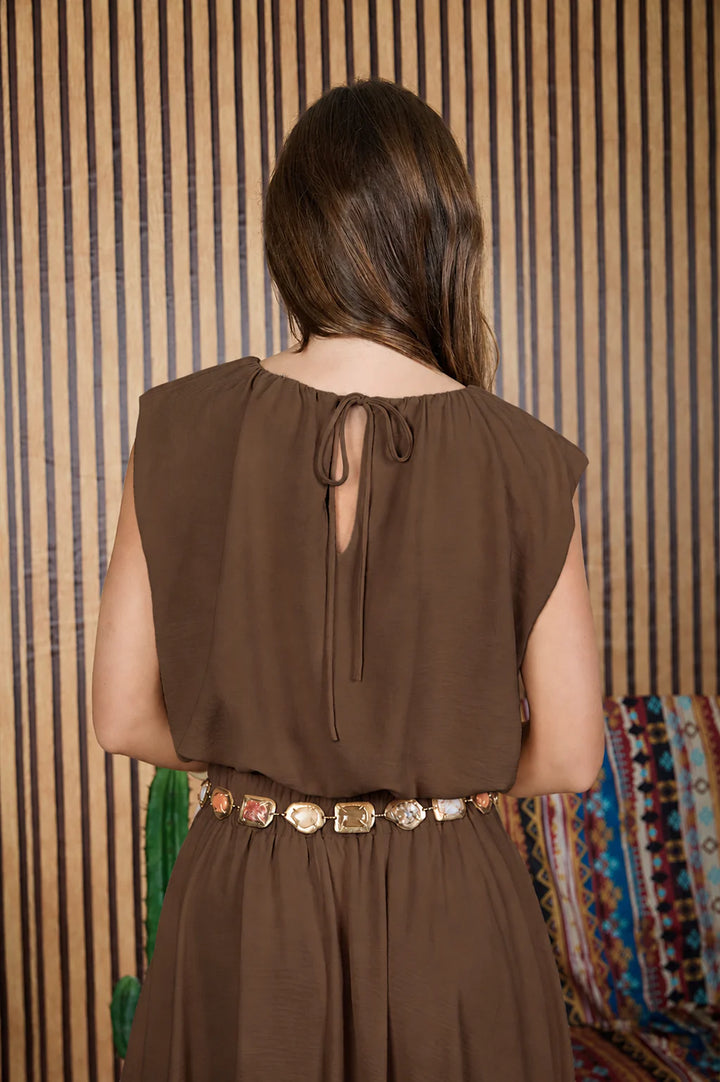 Sleeveless tie-back balloon-hem crop top, back view
