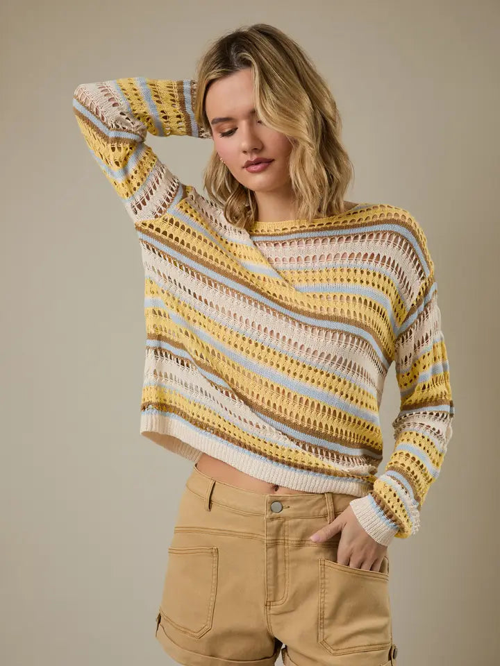 OPEN WEAVE STRIPED SWEATER TOP