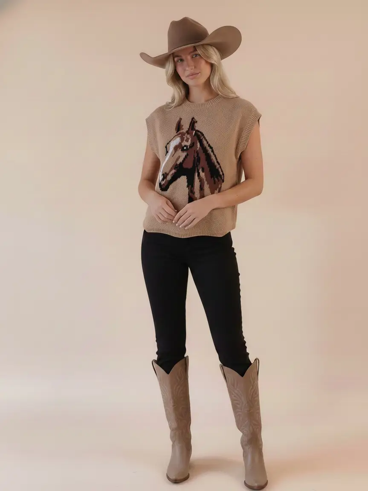 Model wearing latte western horse scallop-hem sweater vest