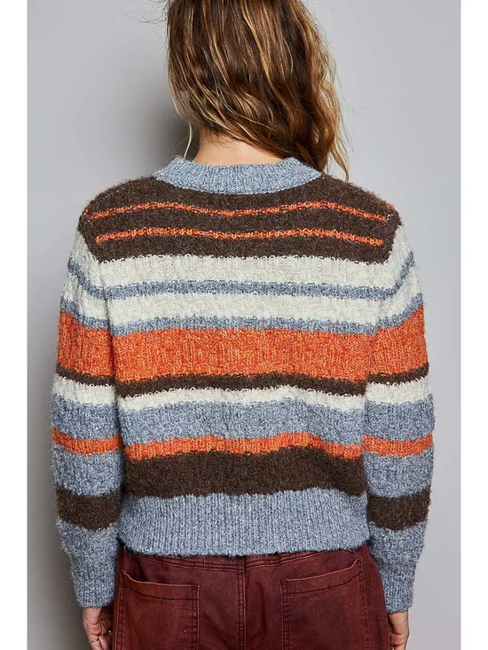 Chunky multicolor striped crew sweater on model, back view