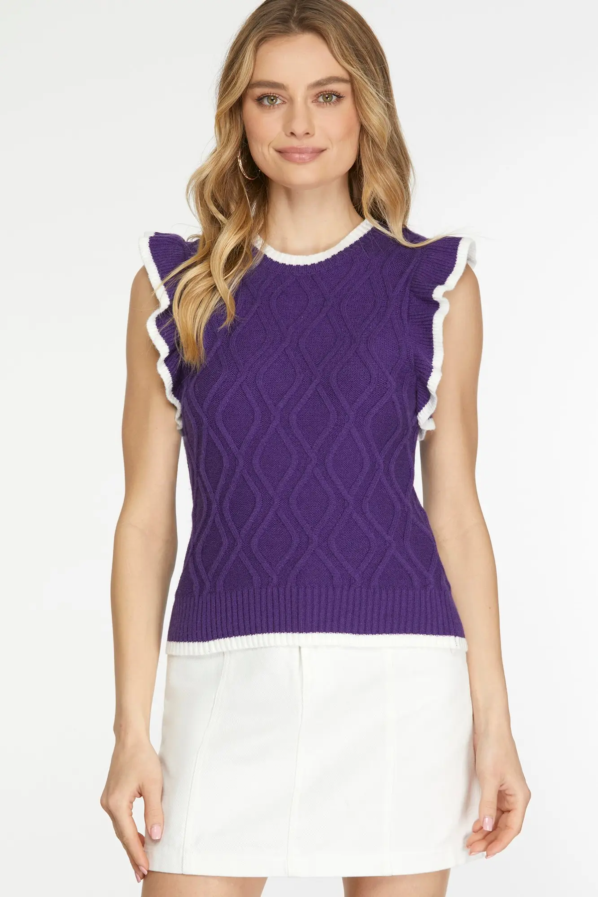 Purple contrast cable-knit sweater vest - view 1