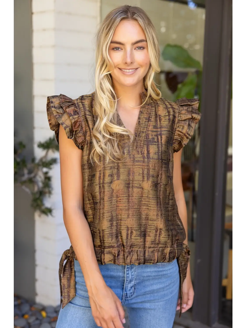 Brown Metallic Plaid Tie-Hem Top with V-neckline