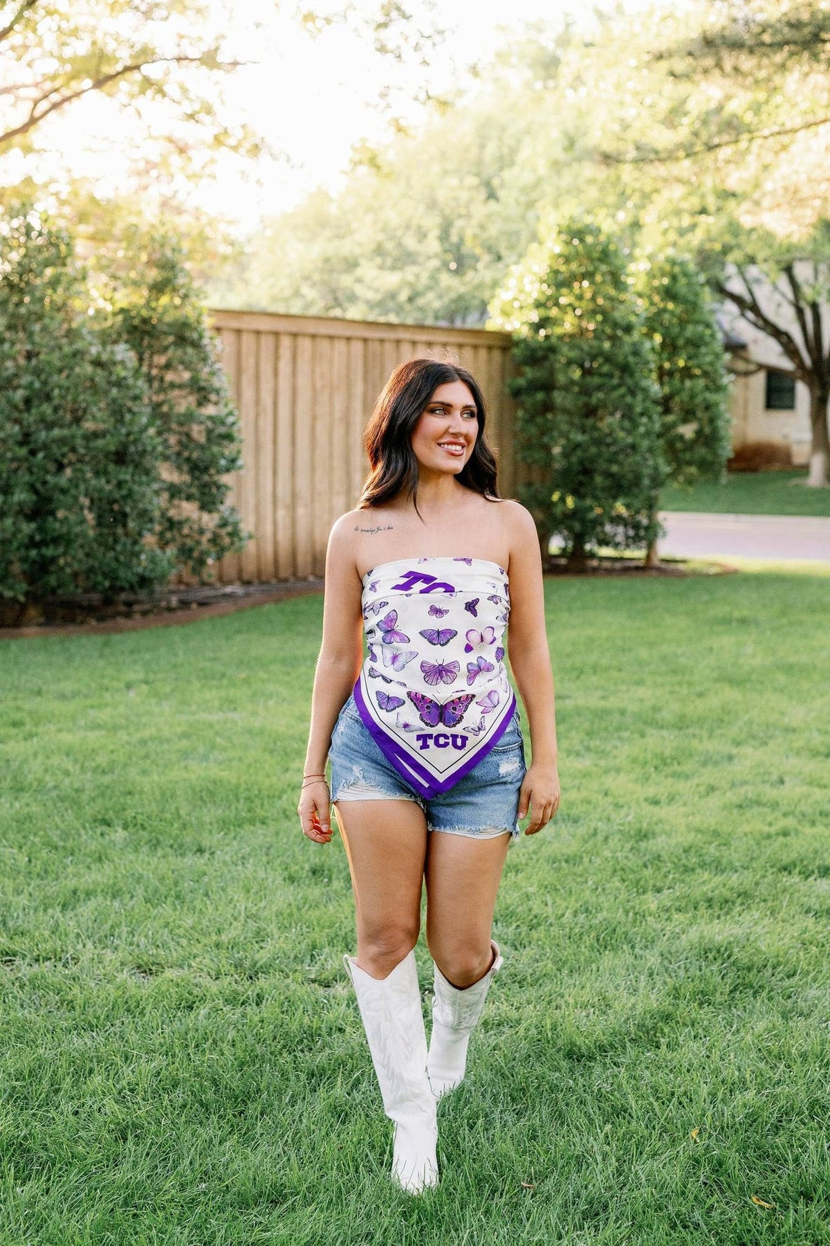 TCU butterfly silk scarf in purple and white