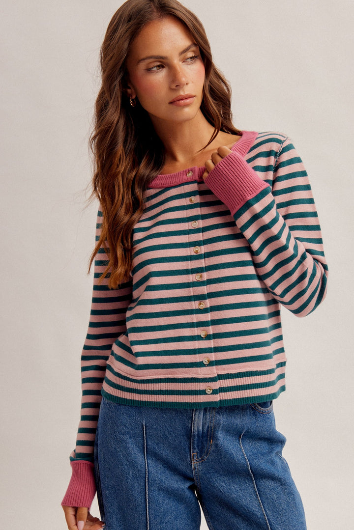 Contrast Colorblock Stripe Cardigan in forest green and rose - view 1