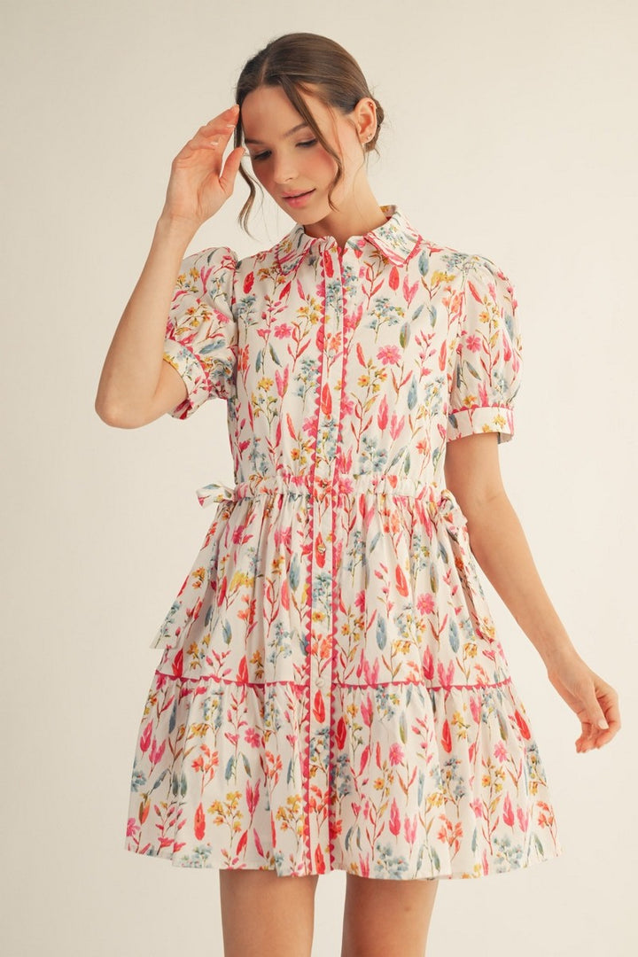DRAWSTRING WAIST FLORAL MINI DRESS