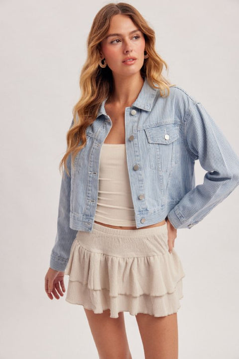 Loose Fit Striped Crop Denim Jacket