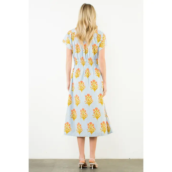 FLORAL & BLUE STRIPED MIDI DRESS