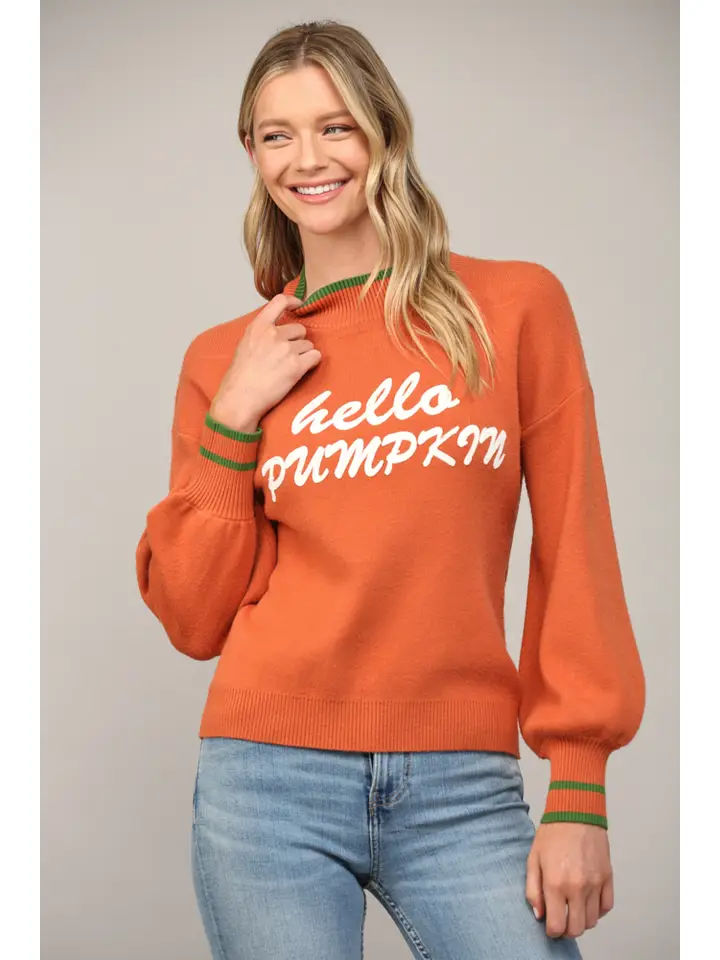 "HELLO PUMPKIN" MOCK NECK BALLOON SLEEVE SWEATER