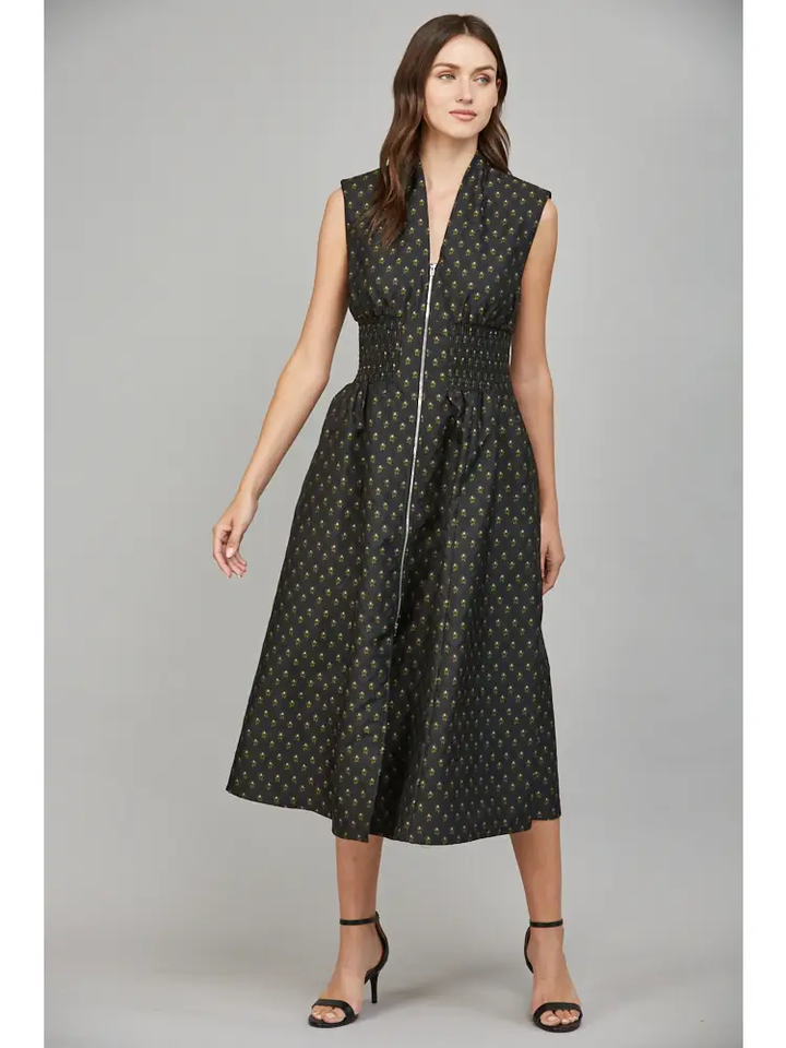 V-NECK FRONT ZIP MIDI DRESS