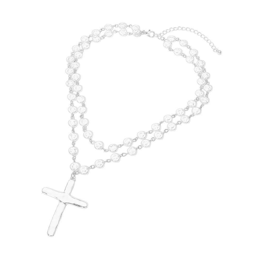 Cross & Pearl Disc Beads Chain Layered Necklace