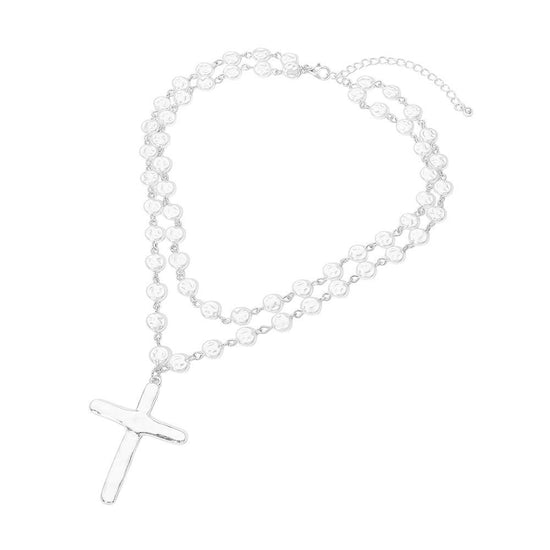 Cross & Pearl Disc Beads Chain Layered Necklace