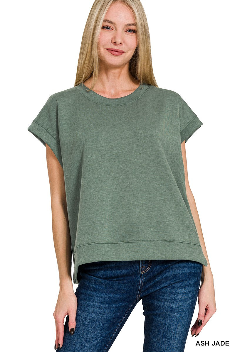 Green cloud-fleece cuffed-sleeve top
