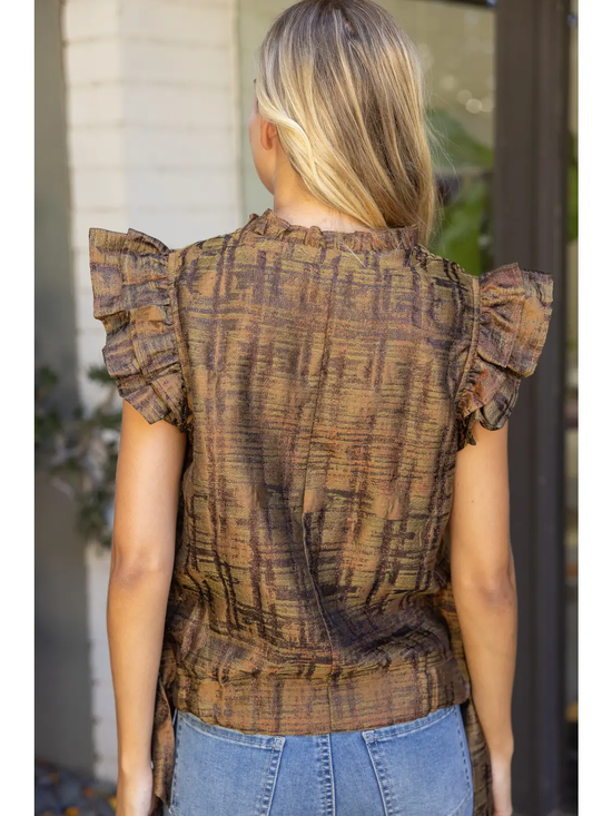 Metallic plaid top showing layered flutter shoulders