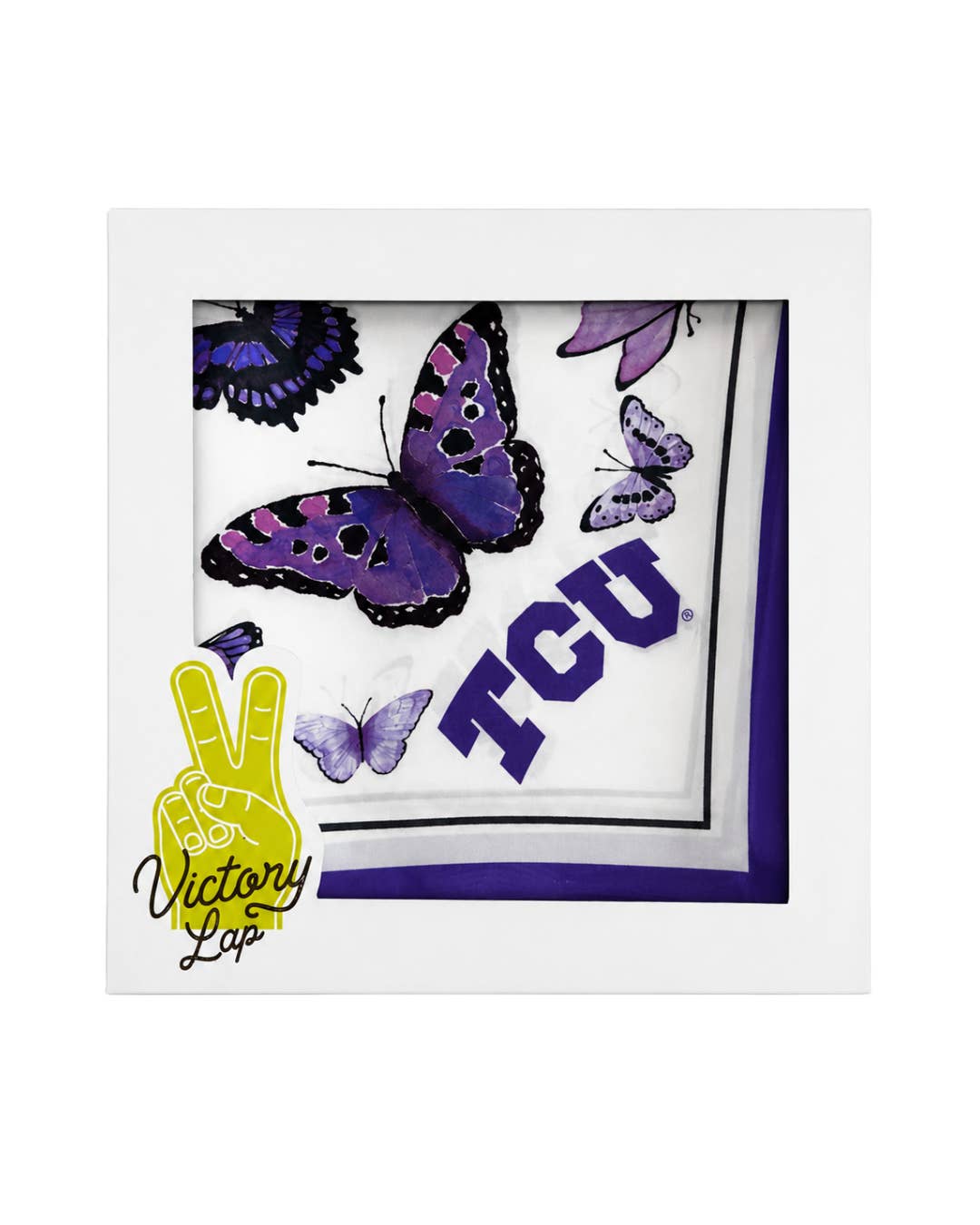 TCU butterfly silk scarf styled at the neck