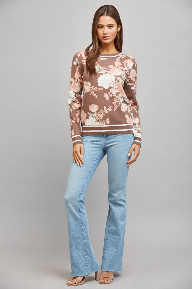 Brown floral jacquard crewneck sweater by Fate