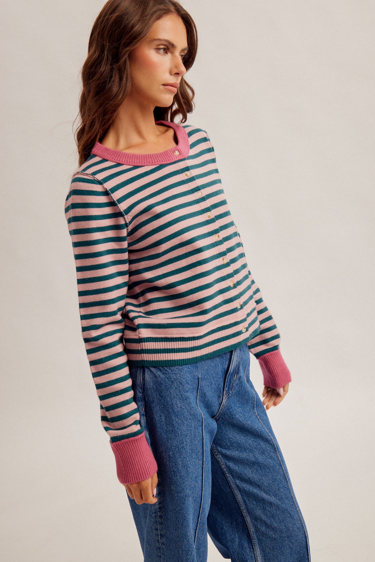 Contrast Colorblock Stripe Cardigan in forest green and rose - view 2