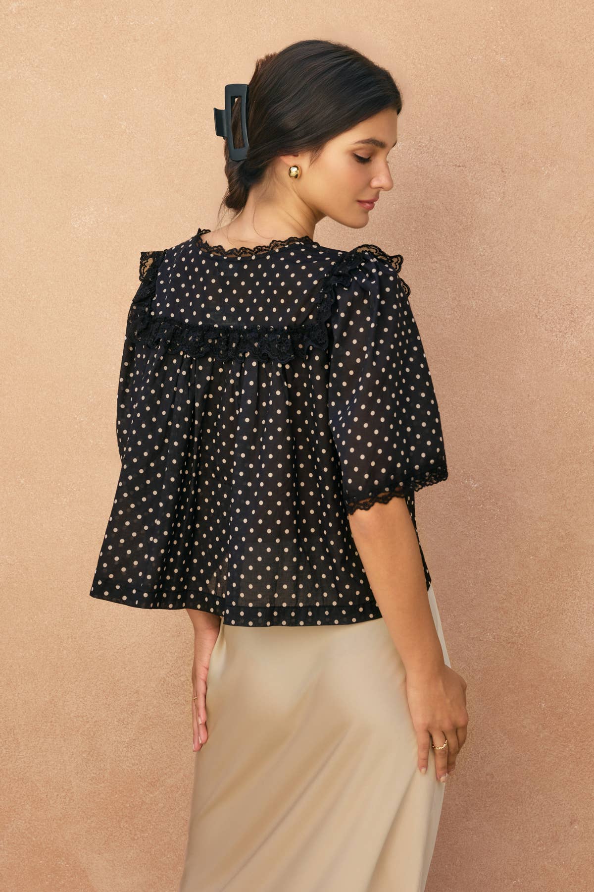 Polka-Dot Ruffle Lace Blouse