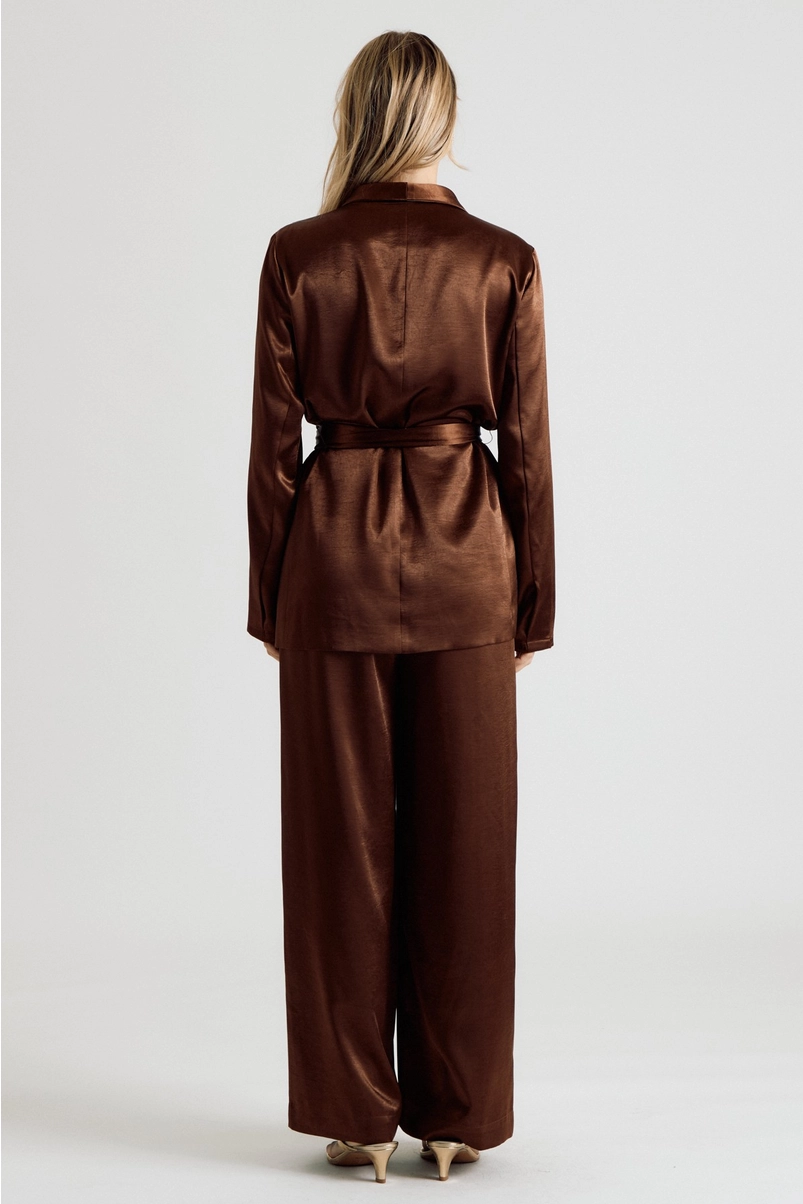 Back view of chocolate brown satin belted blazer