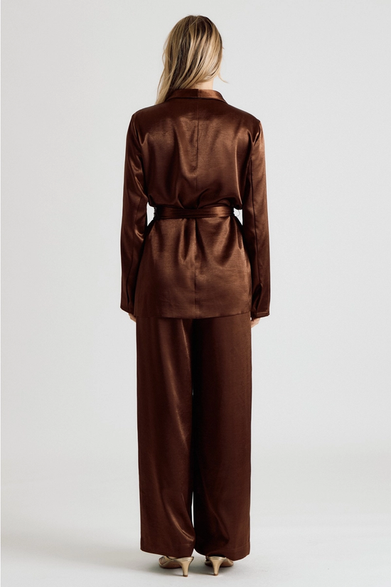 Back view of chocolate brown satin belted blazer