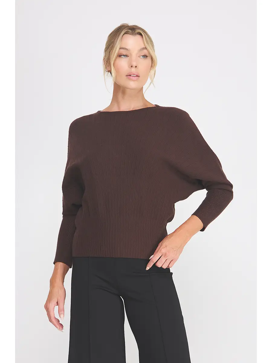 Brown Dolman-Sleeve Textured Sweater - front view